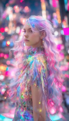 1girl,solo,long hair,blush,hair ornament,dress,jewelry,closed mouth,upper body,pink hair,multicolored hair,earrings,artist name,blurry,from side,lips,see-through,depth of field,blurry background,wavy hair,looking up,gem,realistic,nose,arms at sides,bokeh,breasts,looking at viewer,very long hair,blue hair,white hair,sleeveless,necklace,eyelashes,gradient hair,profile,sleeveless dress,expressionless,piercing,ear piercing,lens flare,freckles,colorful