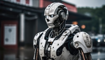 solo,blue eyes,1boy,upper body,male focus,outdoors,blurry,no humans,depth of field,blurry background,robot,building,mecha,1other,science fiction,realistic,android,cyborg,looking ahead,robot joints,cyberpunk,humanoid robot,glowing,portrait,joints,damaged,mechanical parts