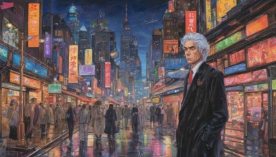 looking at viewer,short hair,multiple girls,shirt,1boy,standing,jacket,white shirt,white hair,male focus,outdoors,multiple boys,necktie,sky,solo focus,collared shirt,coat,night,facial hair,formal,suit,red necktie,ground vehicle,building,night sky,scenery,reflection,6+boys,hand in pocket,black coat,city,sign,hands in pockets,road,cityscape,old,lamppost,old man,street,crowd,city lights,cyberpunk,people,long sleeves,holding,pants,vest,black jacket,6+girls,umbrella,science fiction,rain,realistic,aircraft,neon lights