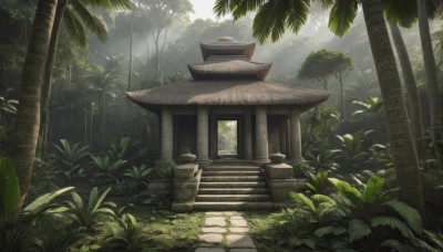 outdoors,day,tree,no humans,sunlight,grass,plant,nature,scenery,forest,stairs,palm tree,bush,architecture,east asian architecture,shrine,stone lantern,stone stairs,sky,cloud,leaf,building,light rays,statue