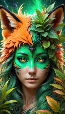 1girl,solo,long hair,looking at viewer,smile,hair ornament,animal ears,closed mouth,yellow eyes,green hair,artist name,cat ears,orange hair,lips,animal ear fluff,fox ears,eyelashes,makeup,glowing,leaf,watermark,facial mark,plant,slit pupils,portrait,nose,electricity,facepaint,green eyes,web address,close-up,green skin