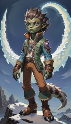 solo,looking at viewer,blue eyes,brown hair,1boy,jewelry,standing,jacket,tail,full body,male focus,earrings,boots,sky,pointy ears,pants,necklace,vest,colored skin,facial mark,claws,snow,mountain,green skin,monster boy,outdoors,belt,tattoo,spiked hair,brown pants,facial tattoo