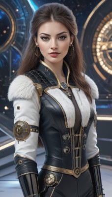 1girl,solo,long hair,breasts,looking at viewer,brown hair,gloves,long sleeves,brown eyes,jewelry,standing,cowboy shot,earrings,belt,pants,armor,vest,lips,fur trim,makeup,black pants,lipstick,gauntlets,forehead,eyeshadow,hoop earrings,realistic,nose,arms at sides,clock,red lips,medium breasts,upper body,parted lips,artist name,necklace,bodysuit,gold,gold chain