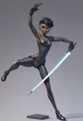 1girl,solo,breasts,looking at viewer,smile,short hair,open mouth,black hair,gloves,holding,brown eyes,jewelry,standing,collarbone,full body,weapon,earrings,small breasts,black gloves,sword,dark skin,fingerless gloves,armpits,grey background,holding weapon,armor,black eyes,dark-skinned female,lips,gradient,gradient background,bodysuit,holding sword,piercing,standing on one leg,lipstick,skin tight,stud earrings,undercut,very dark skin,energy sword,simple background,shoes,arm up,makeup,fighting stance,black bodysuit,very short hair,animification,cyborg