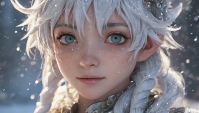 1girl,solo,long hair,looking at viewer,bangs,blue eyes,hair ornament,closed mouth,braid,white hair,pointy ears,artist name,mole,blurry,twin braids,lips,grey eyes,eyelashes,single braid,depth of field,blurry background,elf,portrait,hair over shoulder,snow,close-up,freckles,snowing,realistic,nose,hair between eyes,light smile,winter,bokeh