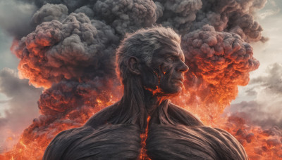 solo, 1boy, upper body, male focus, cloud, blood, facial hair, fire, beard, smoke, old, old man, burning