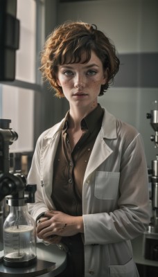 1girl,solo,looking at viewer,short hair,blue eyes,brown hair,shirt,long sleeves,holding,standing,upper body,open clothes,collared shirt,indoors,mole,blurry,cup,lips,grey eyes,black shirt,buttons,blurry background,bottle,messy hair,freckles,pocket,realistic,nose,labcoat,dirty,dirty face,bangs,black hair,parted lips,coat,dress shirt,expressionless,sunlight,curly hair,white coat,jar