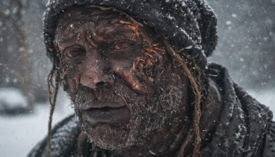 solo,1boy,hat,closed mouth,male focus,outdoors,blurry,blurry background,facial hair,portrait,beard,snow,snowing,realistic,looking at viewer,smile,black hair,brown eyes,fur trim,depth of field,mustache,winter