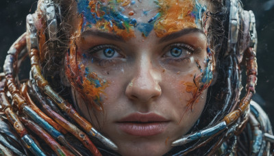 1girl, solo, looking at viewer, blue eyes, parted lips, lips, eyelashes, helmet, portrait, close-up, science fiction, realistic, nose, space, planet, earth (planet), spacesuit, space helmet, astronaut