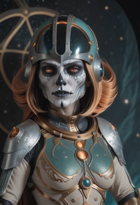 1girl,solo,long hair,breasts,looking at viewer,blonde hair,medium breasts,upper body,artist name,orange hair,armor,lips,orange eyes,makeup,mask,glowing,colored skin,helmet,shoulder armor,gem,colored sclera,pauldrons,breastplate,grey skin,black lips,gorget,boobplate,brown hair,lipstick,skull,black sclera,facepaint,undead