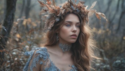 1girl,solo,long hair,blue eyes,blonde hair,brown hair,hair ornament,jewelry,collarbone,upper body,earrings,outdoors,parted lips,choker,blurry,tree,lips,eyelashes,depth of field,blurry background,wavy hair,looking away,feathers,portrait,nature,forest,realistic,nose,looking afar,breasts,dress,cleavage,day,leaf