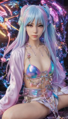 1girl,solo,long hair,breasts,looking at viewer,bangs,hair ornament,navel,cleavage,twintails,brown eyes,jewelry,medium breasts,sitting,closed mouth,underwear,blue hair,collarbone,swimsuit,pink hair,bikini,multicolored hair,spread legs,pink eyes,necklace,lips,bikini top only,realistic,nose,belt,see-through,watermark,gem,blue bikini