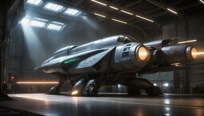 HQ,weapon,indoors,signature,military,no humans,window,robot,mecha,machinery,science fiction,light rays,realistic,cannon,light,alien,spacecraft,lights,non-humanoid robot,cockpit,thrusters,aircraft,vehicle focus