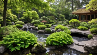 outdoors,day,water,tree,no humans,grass,plant,building,nature,scenery,forest,rock,bush,architecture,bridge,east asian architecture,river,moss,stone,pond,stream,house