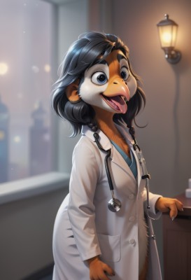 1girl,solo,smile,open mouth,blue eyes,shirt,black hair,long sleeves,standing,braid,cowboy shot,tongue,indoors,tongue out,medium hair,blurry,window,blurry background,thick eyebrows,furry,furry female,labcoat,lamp,body fur,animal nose,snout,stethoscope,furrification,doctor,long hair,breasts,short hair,animal ears,:d,small breasts,teeth,twin braids,coat,buttons,depth of field,lamppost,lights