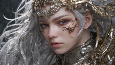 1girl,solo,long hair,looking at viewer,blue eyes,white hair,grey hair,parted lips,artist name,armor,blurry,lips,grey eyes,eyelashes,floating hair,blurry background,shoulder armor,portrait,close-up,freckles,realistic,nose,closed mouth,expressionless,headpiece,gold