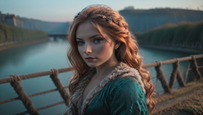 1girl,solo,long hair,looking at viewer,blue eyes,blonde hair,brown hair,hair ornament,jewelry,closed mouth,upper body,braid,earrings,outdoors,day,water,blurry,lips,fur trim,depth of field,blurry background,freckles,mountain,realistic,nose,watercraft,river,lake,sky,wavy hair,portrait,scenery