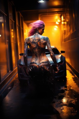 1girl,solo,long hair,looking at viewer,short hair,jewelry,standing,pink hair,ass,earrings,looking back,pants,from behind,tattoo,back,topless,ground vehicle,motor vehicle,butt crack,car,arm tattoo,back tattoo,breasts,gloves,underwear,panties,purple hair,dark skin,fingerless gloves,dark-skinned female,lips,makeup,night,thong,nose,motorcycle