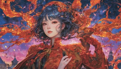 1girl,solo,looking at viewer,short hair,bangs,black hair,hair ornament,gloves,long sleeves,dress,holding,upper body,flower,outdoors,parted lips,sky,cloud,hand up,black eyes,lips,petals,makeup,mask,night,floating hair,floral print,fire,wind,building,star (sky),night sky,red gloves,single glove,red lips,architecture,east asian architecture,castle,holding mask,ribbon,blue hair,hair flower,cape,book,chinese clothes,red dress,red flower,dragon