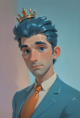 solo,looking at viewer,short hair,bangs,blue eyes,shirt,1boy,closed mouth,blue hair,jacket,white shirt,upper body,male focus,necktie,shiny,collared shirt,shiny hair,gradient,gradient background,blue background,formal,suit,crown,blue jacket,red necktie,portrait,hair slicked back,simple background,artist name,tears,signature,lips,facial hair,thick eyebrows,freckles,realistic,orange necktie