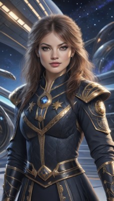 1girl,solo,long hair,breasts,looking at viewer,brown hair,long sleeves,dress,brown eyes,jewelry,closed mouth,standing,upper body,earrings,sky,artist name,armor,black dress,lips,makeup,night,wavy hair,shoulder armor,gauntlets,gem,star (sky),night sky,starry sky,pauldrons,gold trim,breastplate,realistic,nose,space,medium breasts,science fiction,planet,spacecraft