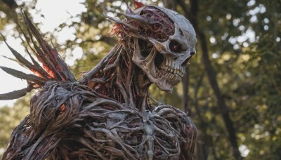 solo,red eyes,1boy,upper body,male focus,outdoors,teeth,blurry,tree,no humans,depth of field,blurry background,glowing,sharp teeth,1other,colored sclera,skull,monster,ribs,skeleton,extra eyes,bone,horns,from side,nature,glowing eyes,horror (theme)