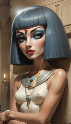 1girl,solo,breasts,looking at viewer,short hair,bangs,bare shoulders,brown eyes,jewelry,nipples,blue hair,upper body,small breasts,sleeveless,blunt bangs,necklace,bracelet,covered nipples,dark-skinned female,lips,see-through,eyelashes,makeup,bob cut,lipstick,gem,eyeshadow,nose,red lips,eyeliner,candle,forehead jewel,mascara,egyptian,egyptian clothes,blush,shirt,medium breasts,closed mouth,artist name,indoors,signature,bare arms,circlet,patreon username,realistic,wall,gold,blunt ends,torch,gorget,blue eyeshadow,eye of horus