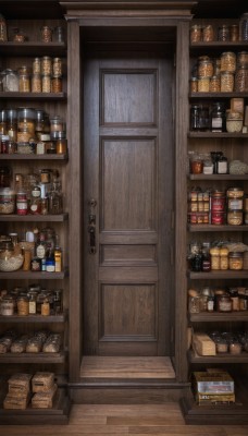 food,indoors,no humans,bottle,box,scenery,alcohol,wooden floor,door,basket,bread,shelf,jar,shop,refrigerator,cup,cookie,coffee,still life