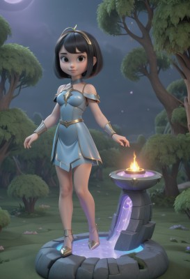 1girl,solo,breasts,looking at viewer,smile,short hair,bangs,black hair,dress,bare shoulders,brown eyes,jewelry,standing,full body,hairband,small breasts,outdoors,sky,artist name,high heels,bracelet,tree,night,blue dress,glowing,short dress,moon,fire,night sky,candle,bracer,crescent moon,armor,black eyes