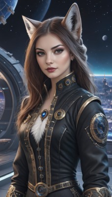 1girl,solo,long hair,breasts,looking at viewer,brown hair,long sleeves,animal ears,brown eyes,jewelry,jacket,upper body,earrings,sky,belt,cat ears,lips,animal ear fluff,makeup,night,moon,lipstick,brooch,star (sky),night sky,eyeshadow,starry sky,science fiction,nose,red lips,space,planet,medium breasts,signature,black jacket,wolf ears,extra ears,forehead,realistic,spacecraft