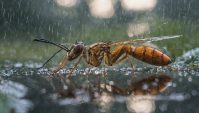 blurry, no humans, depth of field, bug, flying, rain, realistic, aircraft, antennae