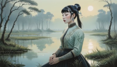 1girl,solo,long hair,blush,bangs,skirt,black hair,hair ornament,long sleeves,dress,jewelry,sitting,ponytail,earrings,outdoors,parted lips,blunt bangs,water,hair bun,black eyes,tree,lips,makeup,chinese clothes,moon,single hair bun,grass,nature,scenery,forest,reflection,red lips,river,lake,pond,sky,hairclip,from side,own hands together,plant,hands on lap