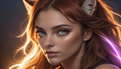 1girl,solo,long hair,looking at viewer,blue eyes,brown hair,animal ears,jewelry,closed mouth,green eyes,earrings,cat ears,aqua eyes,lips,animal ear fluff,eyelashes,piercing,portrait,extra ears,close-up,forehead,backlighting,freckles,realistic,nose,stud earrings,simple background