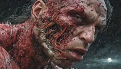 solo,1boy,male focus,outdoors,sky,lips,night,moon,portrait,close-up,full moon,rain,veins,realistic,looking at viewer,black hair,closed mouth,cloud,grey eyes,blood,night sky,blood on face