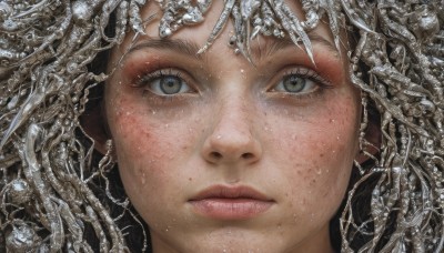 1girl,solo,looking at viewer,blue eyes,closed mouth,parted lips,water,lips,grey eyes,eyelashes,portrait,close-up,freckles,realistic,eye focus,bangs,jewelry,green eyes,earrings,traditional media,dirty