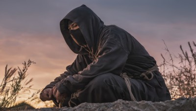 solo,black hair,gloves,long sleeves,1boy,holding,sitting,weapon,male focus,outdoors,sky,belt,pants,sword,hood,black eyes,tree,mask,squatting,hood up,robe,mouth mask,covered mouth,ninja,bare tree,looking at viewer,japanese clothes,from side,sunset,realistic,branch