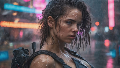 1girl, solo, looking at viewer, blue eyes, black hair, upper body, weapon, outdoors, dark skin, blurry, lips, wet, gun, blurry background, freckles, rain, realistic, nose, wet hair, neon lights