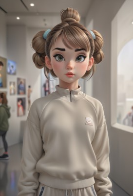 1girl,solo,looking at viewer,blush,short hair,bangs,brown hair,long sleeves,brown eyes,jewelry,closed mouth,standing,jacket,upper body,earrings,solo focus,pants,indoors,hood,hair bun,blurry,sweater,lips,double bun,hoodie,depth of field,blurry background,thick eyebrows,zipper,freckles,arms at sides,stud earrings,zipper pull tab,breasts,green eyes,track jacket,realistic