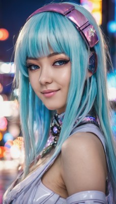 1girl,solo,long hair,breasts,looking at viewer,smile,bangs,blue eyes,cleavage,bare shoulders,jewelry,medium breasts,blue hair,upper body,hairband,blunt bangs,necklace,blurry,from side,lips,looking to the side,aqua hair,depth of field,blurry background,headphones,realistic,nose,closed mouth,bokeh