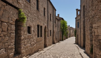 outdoors,sky,day,tree,blue sky,no humans,window,shadow,building,scenery,door,road,wall,ruins,brick wall,street,signature,plant,stairs,architecture,house,path,arch,stone floor,stone wall