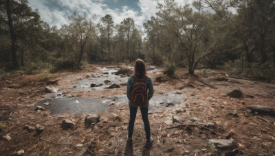 1girl, solo, brown hair, standing, outdoors, sky, shoes, day, pants, cloud, bag, from behind, tree, backpack, cloudy sky, nature, scenery, forest, facing away, road