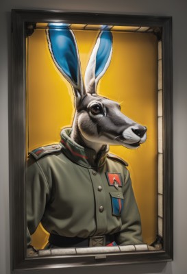 solo,looking at viewer,long sleeves,1boy,animal ears,brown eyes,jacket,upper body,male focus,belt,rabbit ears,uniform,military,no humans,military uniform,animal,furry,rabbit,green jacket,furry male,animal focus,badge,military jacket,whiskers,medal,realistic