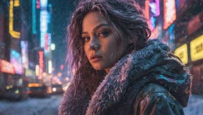 1girl, solo, long hair, looking at viewer, black hair, upper body, outdoors, hood, blurry, lips, coat, fur trim, night, blurry background, hood down, snowing, city, realistic, nose, winter clothes, neon lights