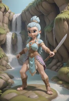 1girl,solo,long hair,breasts,looking at viewer,smile,blue eyes,holding,jewelry,medium breasts,blue hair,standing,full body,ponytail,weapon,braid,outdoors,sword,dark skin,water,holding weapon,armor,bracelet,dark-skinned female,lips,facial mark,holding sword,sandals,high ponytail,shoulder armor,pelvic curtain,armlet,pauldrons,forehead mark,bracer,forehead jewel,loincloth,topknot,waterfall,multi-tied hair,white hair,earrings,boots,artist name,makeup,aged down,rock,facepaint,facial tattoo