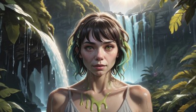 1girl,solo,looking at viewer,short hair,bangs,brown hair,black hair,bare shoulders,green eyes,collarbone,upper body,multicolored hair,outdoors,parted lips,artist name,water,lips,wet,leaf,watermark,sunlight,plant,portrait,nature,freckles,realistic,nose,wet hair,dripping,waterfall,dress,flower,day,tree,messy hair,camisole,backlighting,rain,spaghetti strap,dirty,white camisole,dirty face