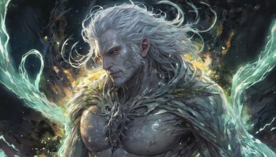 solo,long hair,1boy,closed mouth,nipples,upper body,white hair,male focus,cape,muscular,glowing,facial hair,scar,pectorals,muscular male,bara,beard,scar on face,colored sclera,mature male,manly,white eyes,old,old man,wrinkled skin,looking at viewer,smile,from side,colored skin,grey skin