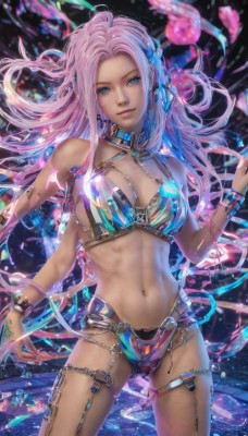 1girl,solo,long hair,breasts,looking at viewer,smile,blue eyes,large breasts,hair ornament,navel,cleavage,jewelry,medium breasts,swimsuit,pink hair,bikini,multicolored hair,dark skin,water,bracelet,dark-skinned female,lips,bikini armor,bare shoulders,standing,braid,cowboy shot,earrings,choker,midriff,necklace,stomach,fingernails,tattoo,thigh strap,floating hair,chain,watermark,web address,realistic