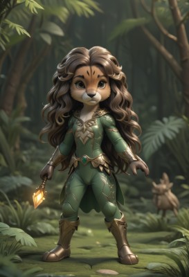 1girl,solo,long hair,looking at viewer,brown hair,gloves,long sleeves,holding,animal ears,brown eyes,closed mouth,standing,full body,boots,outdoors,pants,artist name,blurry,tree,bodysuit,depth of field,blurry background,animal,facial mark,brown footwear,thick eyebrows,grass,nature,furry,brown gloves,forest,lantern,furry female,green pants,brown fur,breasts,very long hair,small breasts,cape,armor,bird,leaf,wavy hair,plant,freckles,curly hair,branch,green cape,holding lantern