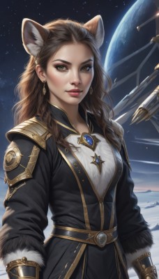 1girl,solo,long hair,breasts,looking at viewer,brown hair,gloves,long sleeves,animal ears,brown eyes,jewelry,closed mouth,standing,upper body,braid,earrings,sky,belt,artist name,cat ears,armor,lips,coat,fur trim,makeup,wavy hair,brooch,shoulder armor,gauntlets,star (sky),eyeshadow,starry sky,black coat,nose,red lips,space,lion ears,planet,earth (planet),spacecraft,wolf ears,extra ears,freckles,realistic