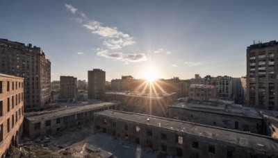 outdoors,sky,day,cloud,water,blue sky,no humans,window,sunlight,cloudy sky,building,scenery,sunset,light rays,city,sun,road,cityscape,ruins,skyscraper,sunrise,ground vehicle,motor vehicle,lens flare,car,bridge